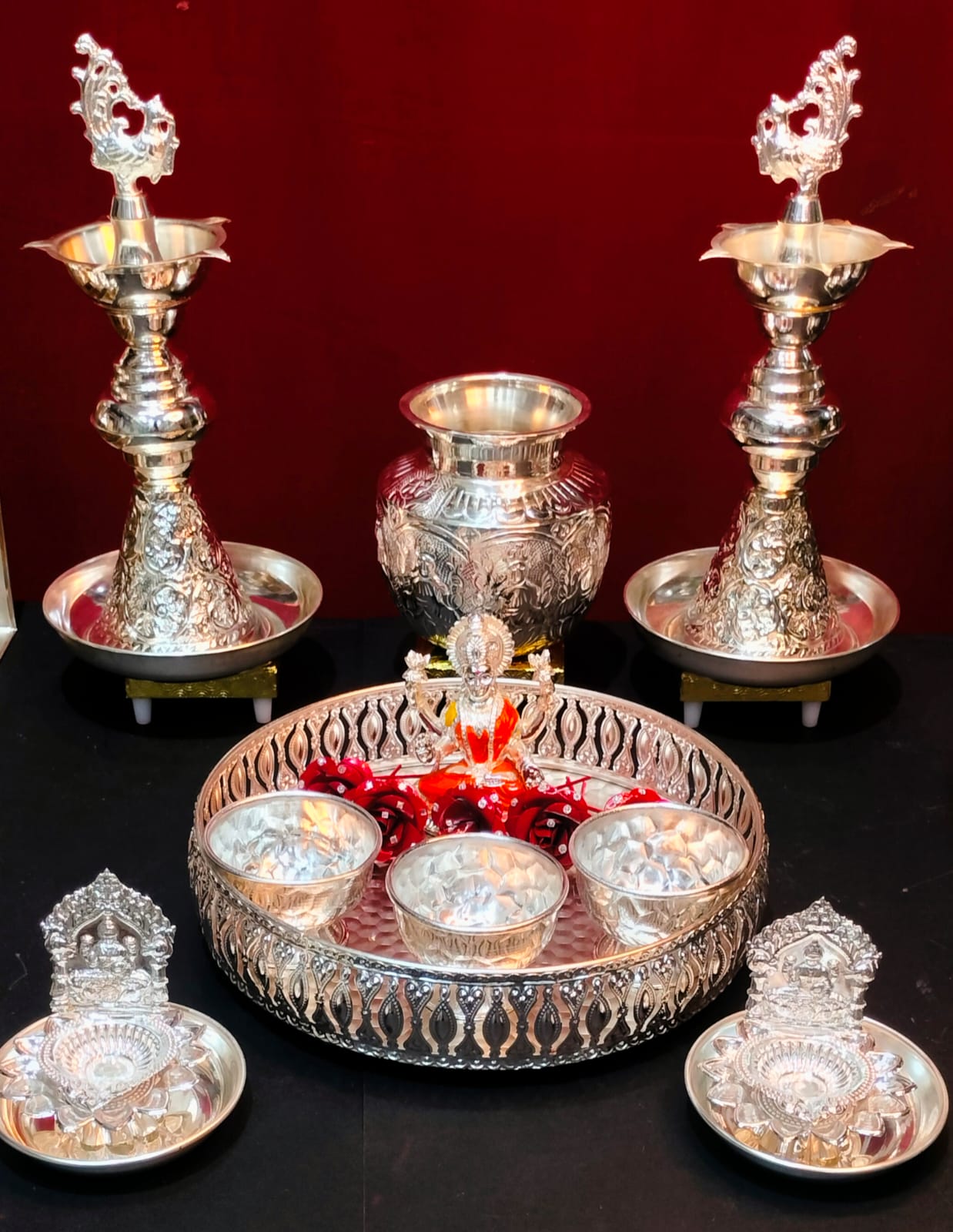 german silver full pooja thali set of 22 pieces for varalakshmi pooja/ housewarming/ diwali